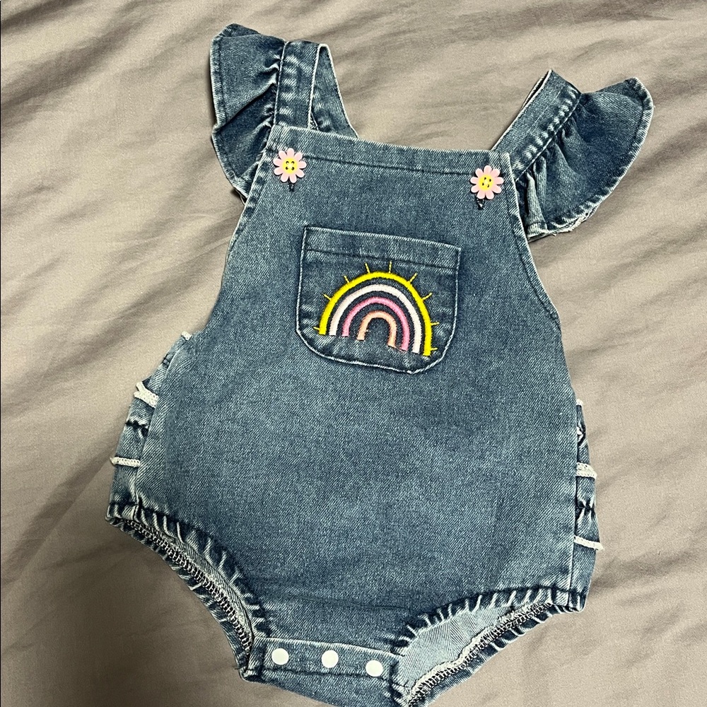 NWOT Denim Baby Romper with Rainbow Embroidery 🌈